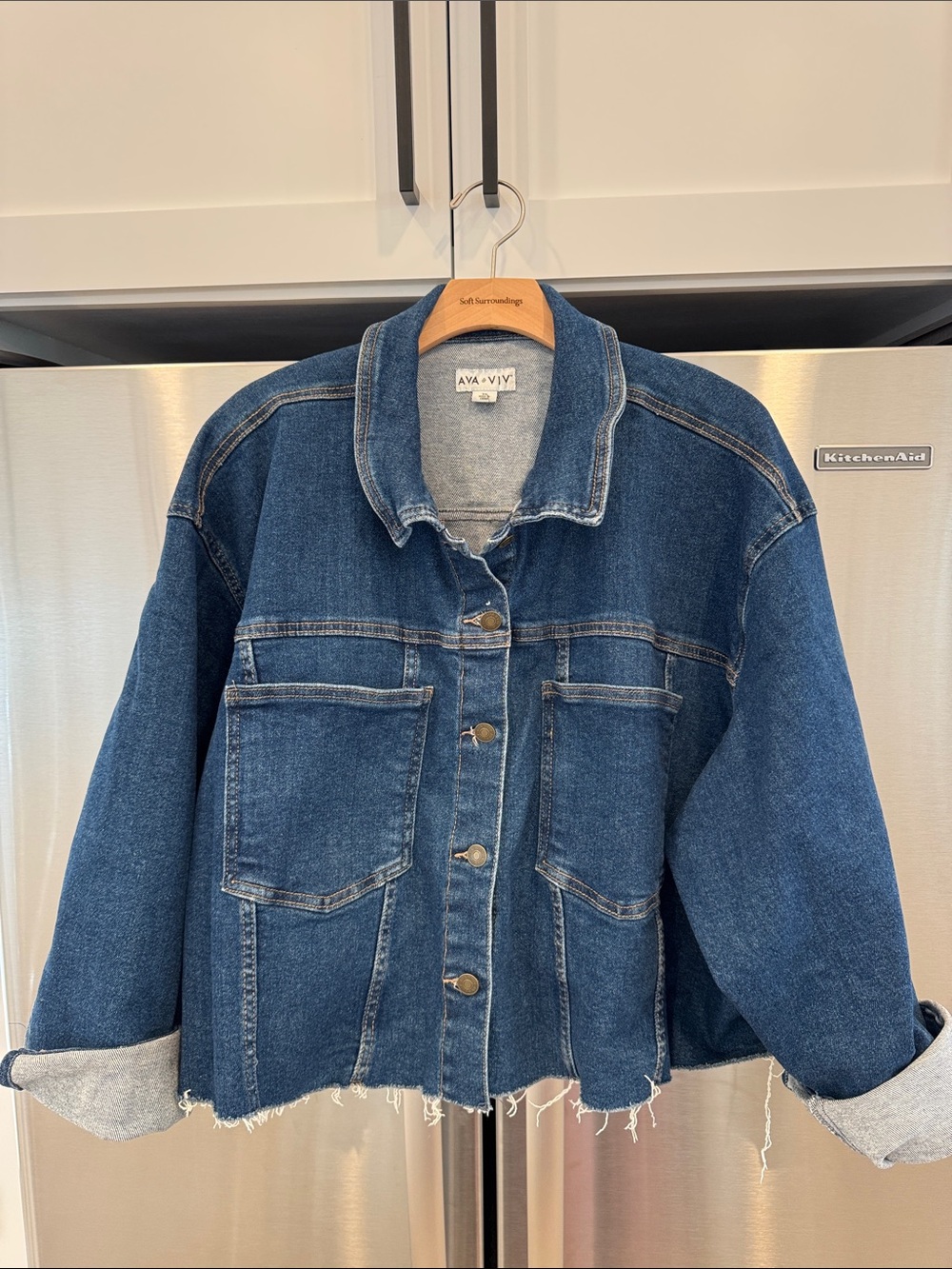 Ava & Viv Medium Blue Raw-Hem Cropped Denim Jacket